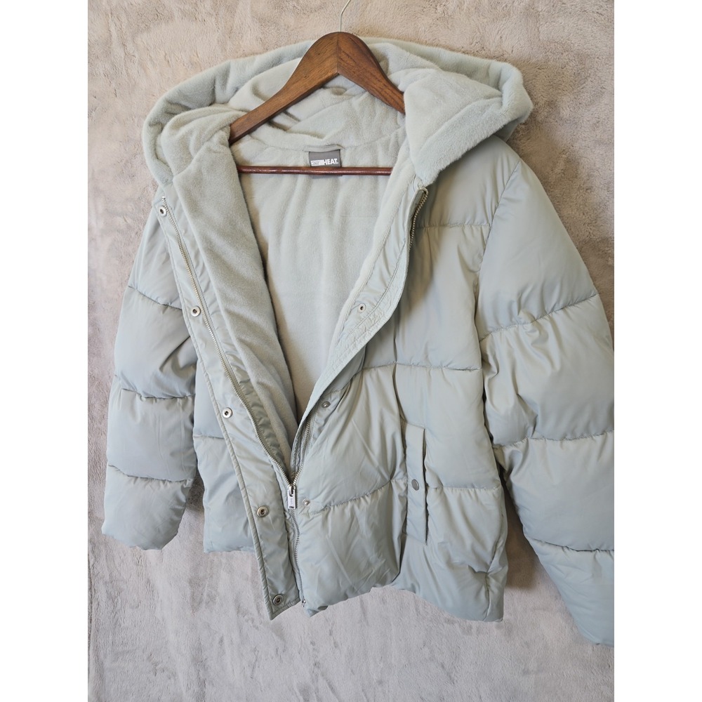 32 Degrees Women's Large Hooded Puffer Jacket Faux Fur Lining Mint Green
